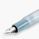 Silver nib featuring the Kaweco logo, paired with a barrel in shimmering shades of blue.