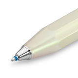 Blue Kaweco ballpoint refill and a section of the green barrel with a silver finish.