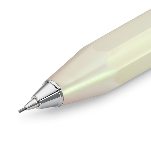 Lead in the Kaweco mechanical pencil and a section of the light green barrel with a silver finish.