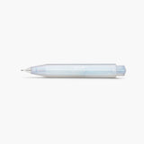 Short white pencil with shimmering blue reflections, a hexagonal design, and silver Kaweco branding.