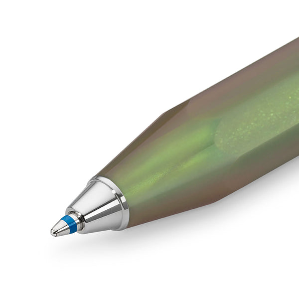 Blue Kaweco ballpoint refill and a section of the green barrel with a silver finish.