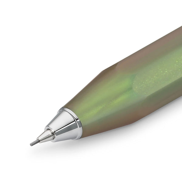 Lead in the Kaweco mechanical pencil and a section of the green barrel with a silver finish.