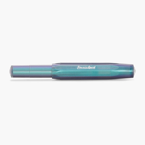 Kaweco Lunar Shadow Blue fountain pen in nature-inspired shades with a pearlescent finish, silver nib, and “Kaweco Sport” branding.