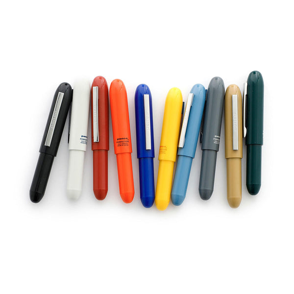 Plastic Bullet ballpoint pens by the Penco brand in various colors.