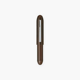 Plastic, brown ballpoint pen in a bullet-like shape with a silver clip engraved with the Penco logo.