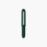 Plastic, green ballpoint pen in a bullet-like shape with a silver clip engraved with the Penco logo.