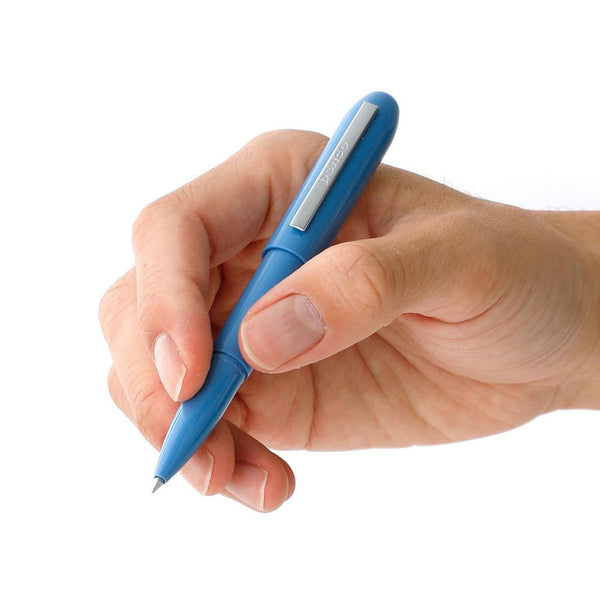 A blue Bullet ballpoint pen held in hand.