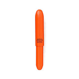 A orange plastic pen in a bullet-like shape with black lettering.