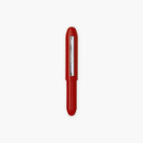 Plastic, red ballpoint pen in a bullet-like shape with a silver clip engraved with the Penco logo.
