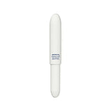 A white plastic pen in a bullet-like shape with blue lettering.