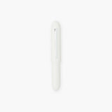 Plastic, white ballpoint pen in a bullet-like shape with a silver clip engraved with the Penco logo.