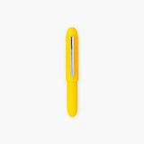Plastic, yellow ballpoint pen in a bullet-like shape with a silver clip engraved with the Penco logo.