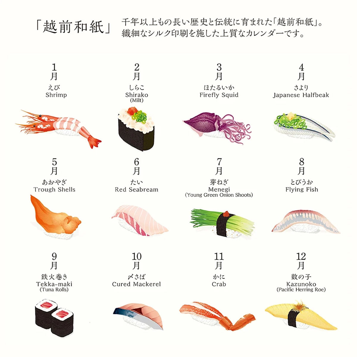 Miniaturki dwunastu ilustracji Sushi na dwanaście miesięcy w kalendarzu Midori.