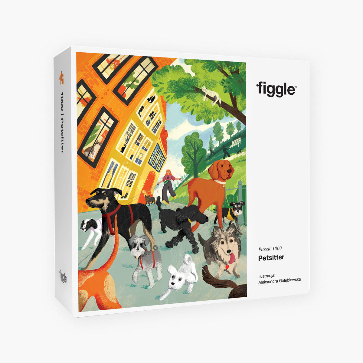 Kartonowe pudełko z puzzlami marki Figgle z ilustracją dziewczyny wyprowadzającej psy na spacer.