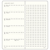 Wallet planner layout: a weekly overview on one page and a dotted notes page on the opposite side.