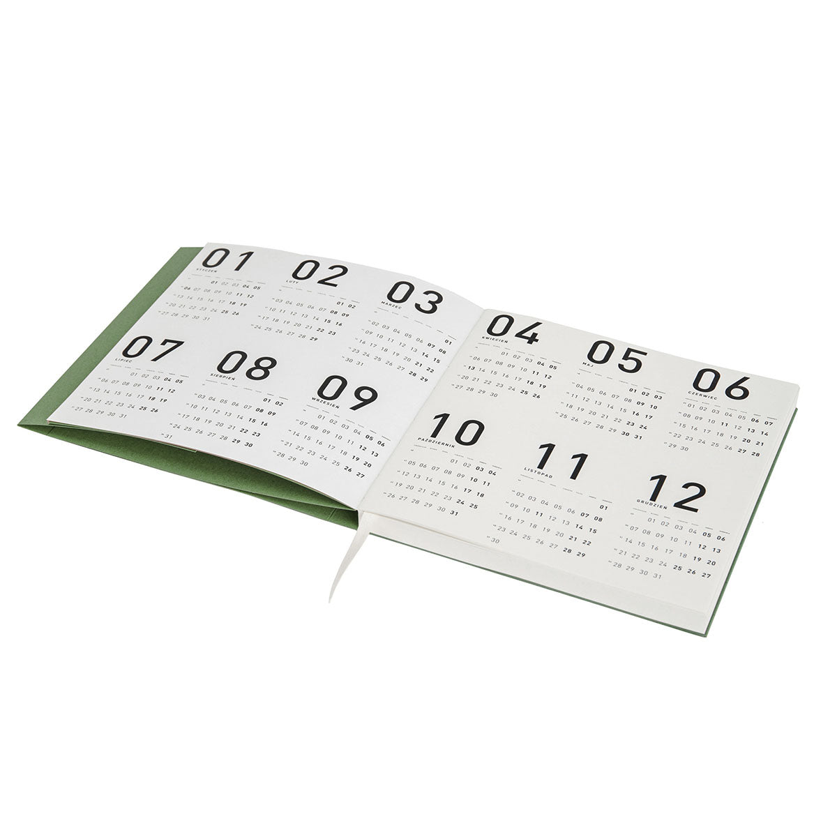 Kalendarz Recycled Calendar 2027 Grass otwarty na rozkładówce rocznej.