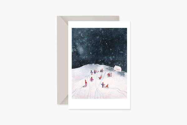 Christmas Greeting Card – Winter Sledding, Muska, stationery design