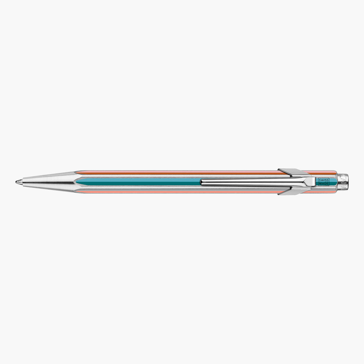 Srebrny długopis Caran d'Ache 849 Paul Smith w kolorowe paski z klipsem.