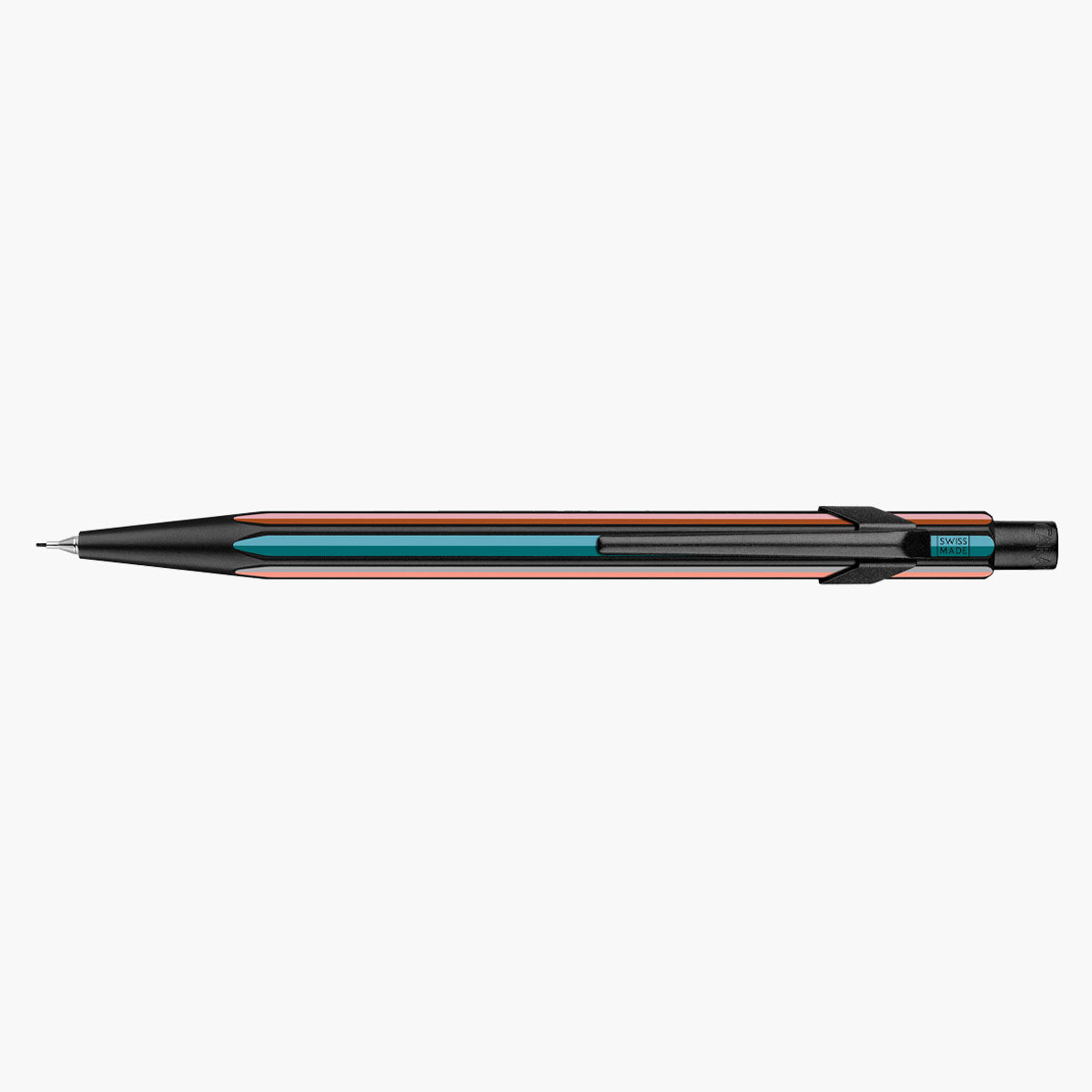 Czarny ołówek mechaniczny Caran d'Ache 849 Paul Smith w kolorowe paski z czarnym klipsem.