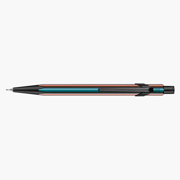 Black Caran d’Ache 849 Paul Smith mechanical pencil with colourful stripes and a black clip.