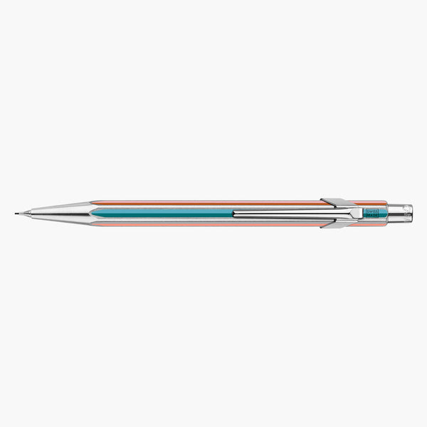 Caran d’Ache 849 Paul Smith mechanical pencil with colourful stripes and a silver clip.