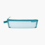 Blue mesh pen case with a zipper closure.