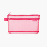 Pink mesh pouch with a zipper closure.