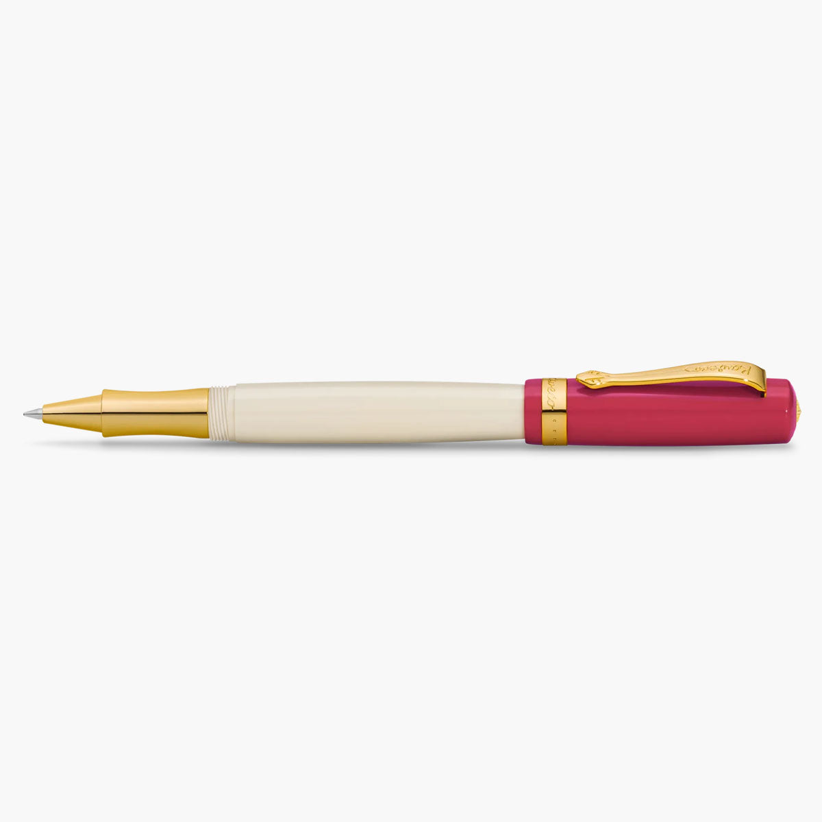 Otwarte pióro kulkowe Kaweco Student w kolorach beżowym i czerwonym ze złotymi wykończeniami.