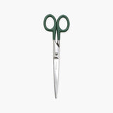 Steel scissors with green handles and the Penco brand name engraved on them.