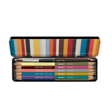 A set of twelve dual-colored pencils in a metal tin.