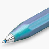 Blue Kaweco ballpoint refill with a section of the blue barrel featuring silver trim.