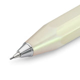 Lead in the Kaweco mechanical pencil and a section of the light green barrel with a silver finish.