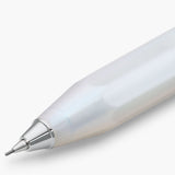 Kaweco mechanical pencil lead with a section of the white barrel featuring silver trim.