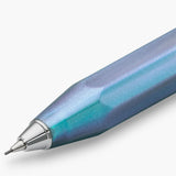 Kaweco mechanical pencil lead with a section of the blue barrel featuring silver trim.