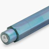 Close-up of a blue writing instrument barrel featuring the silver Kaweco logo.