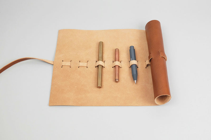 Leather Roll-Up Pencil Case – Brown, Piel, stationery design