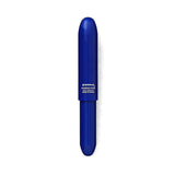 A blue plastic pen in a bullet-like shape with white lettering.