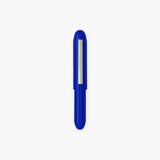 Plastic, blue ballpoint pen in a bullet-like shape with a silver clip engraved with the Penco logo.