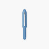 Plastic, blue ballpoint pen in a bullet-like shape with a silver clip engraved with the Penco logo.