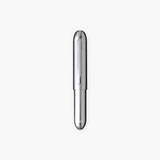 Brass, silver-colored pen in a bullet-like shape with a silver clip engraved with the Penco logo.