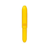 A yellow plastic pen in a bullet-like shape with orange lettering.