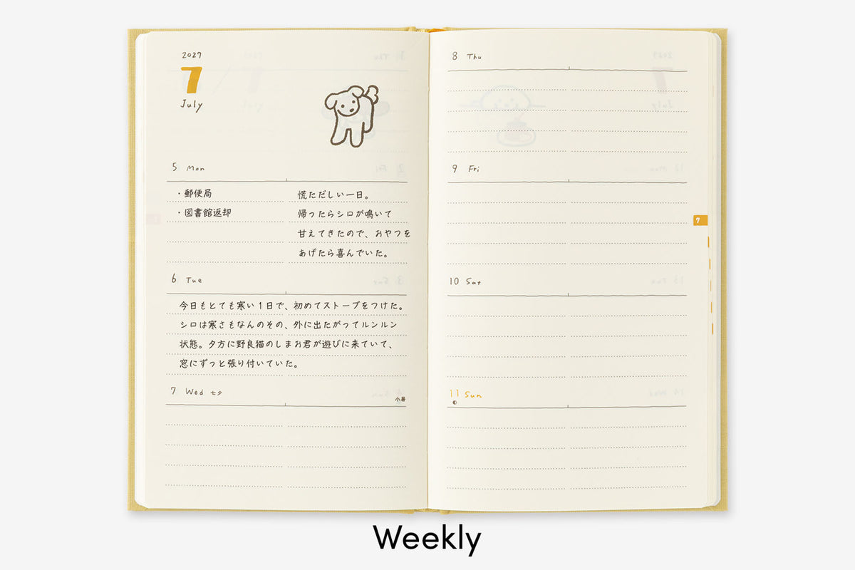 Rozkładówka tygodniowa w orientacji poziomej kalendarza Midori Book Style Diary.