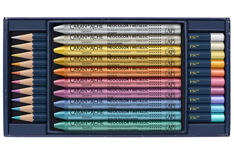 Cosmic Blue Mixed Media Metallic set – 10 colour pencils + 10 NEOCOLOR I pastels, Caran d'Ache, stationery design