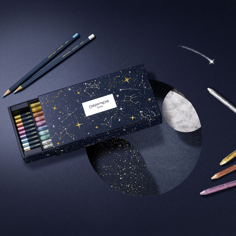 Cosmic Blue Mixed Media Metallic set – 10 colour pencils + 10 NEOCOLOR I pastels, Caran d'Ache, stationery design