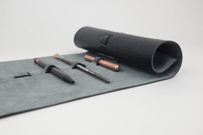 Leather Roll-Up Pencil Case – Black, Piel, stationery design