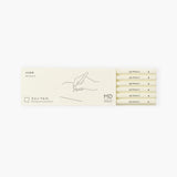 A set of six cream-colored pencils with a black MD Product inscription and a hardness marking of B.