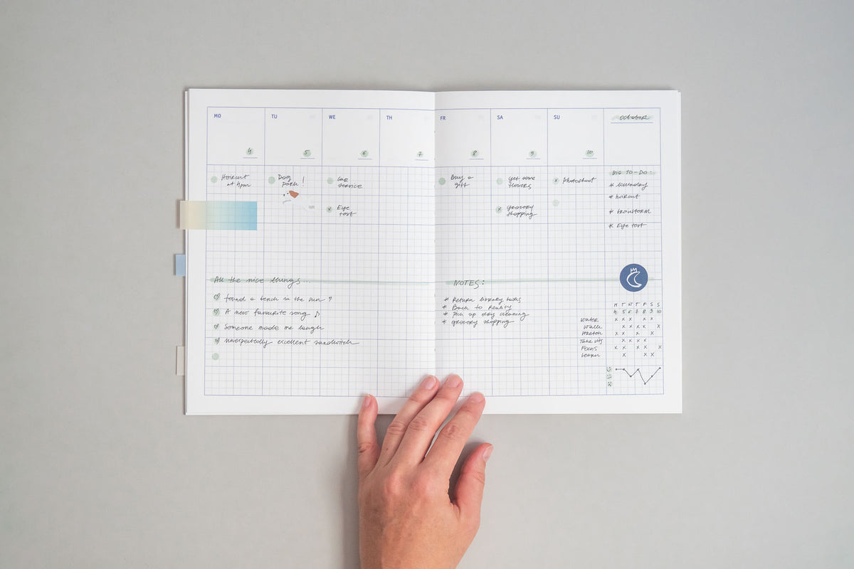 Wypełniona rozkładówka tygodniowa z zadrukiem w kratkę w plannerze Grid.