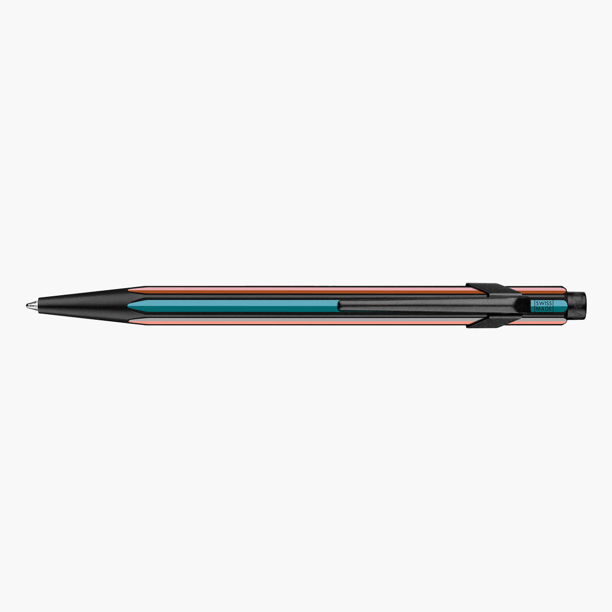Czarny długopis Caran d'Ache 849 Paul Smith w kolorowe paski z czarnym klipsem.