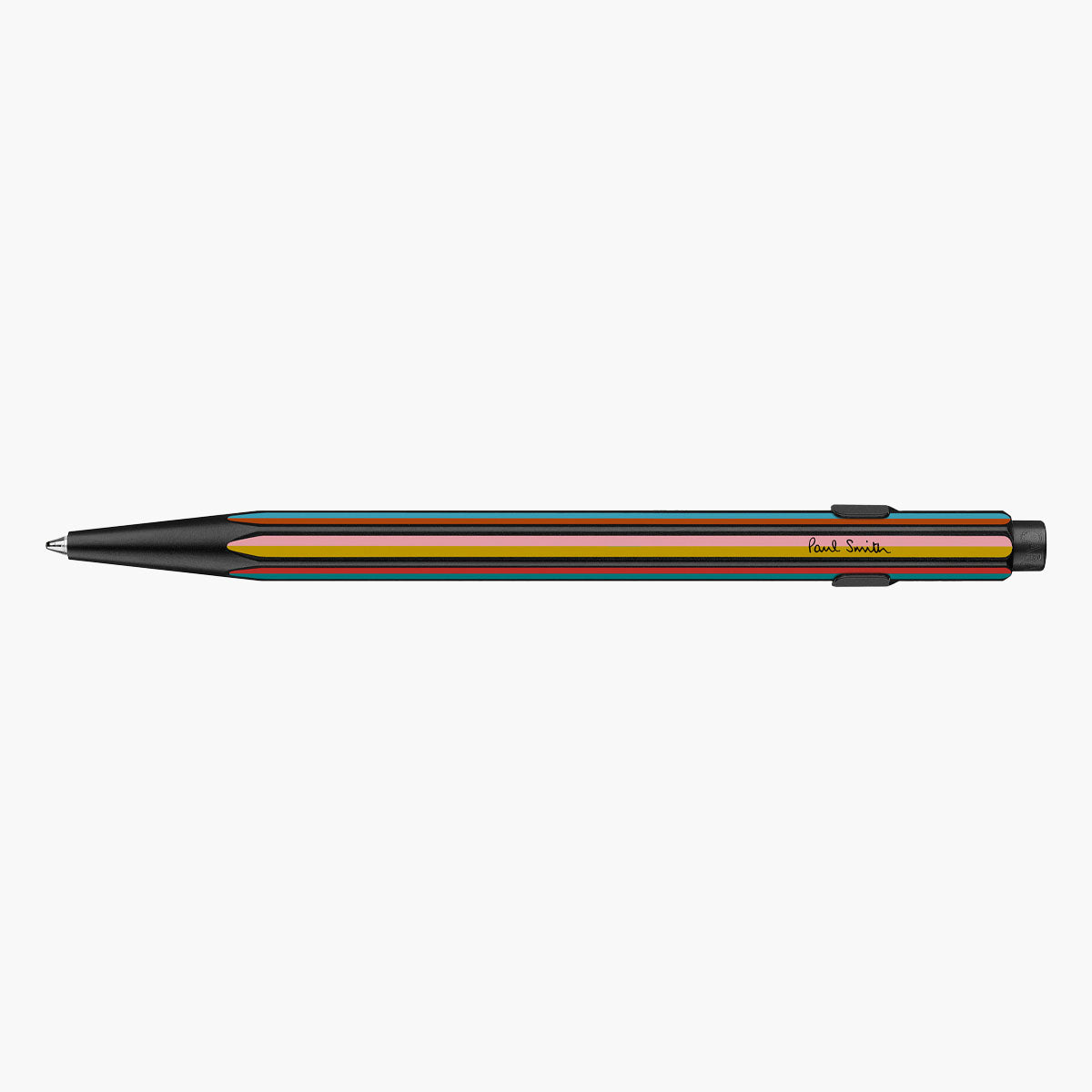 Aluminiowy długopis Caran d'Ache 849 Paul Smith w kolorowe paski i sygnaturą projektanta.