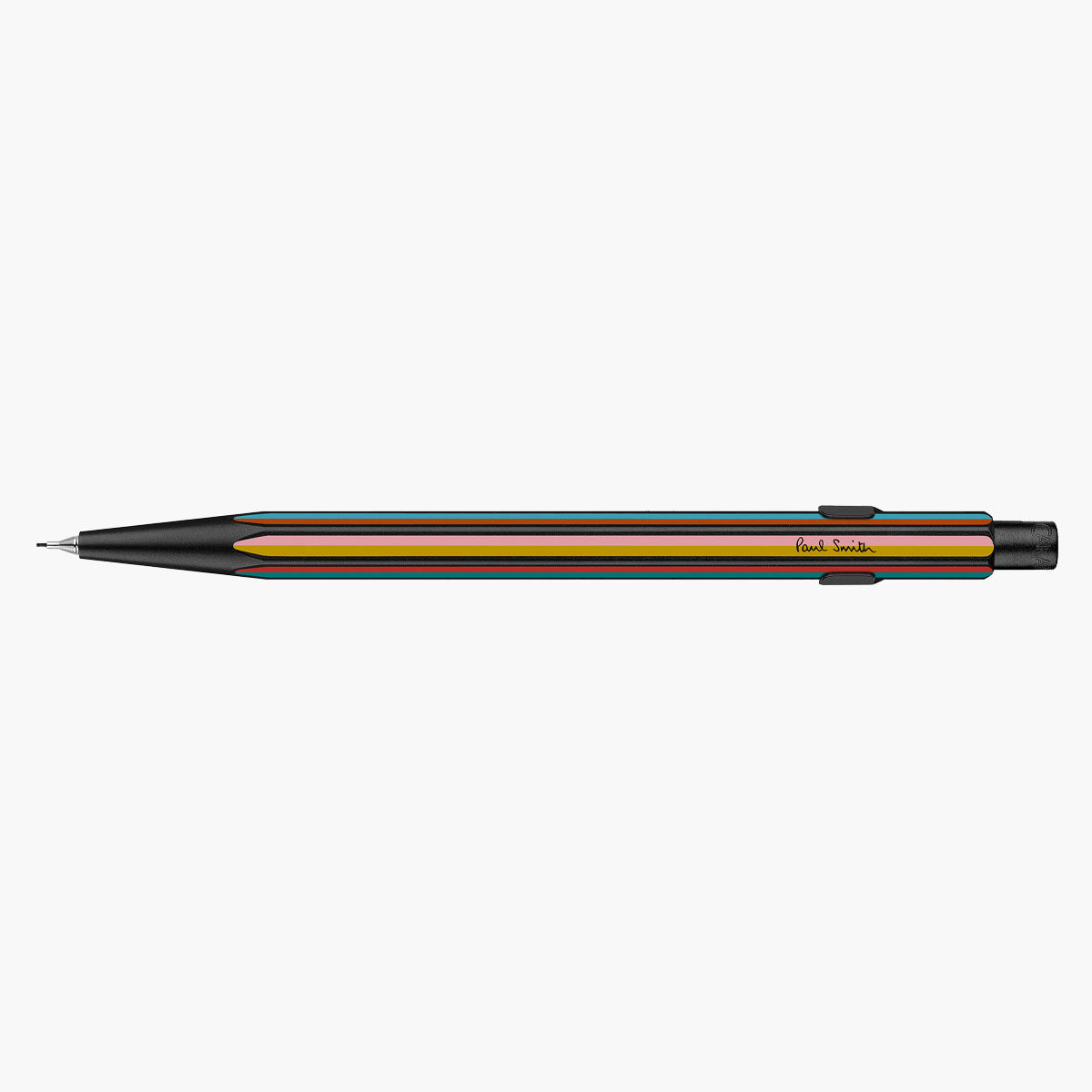Aluminiowy ołówek mechaniczny Caran d'Ache 849 Paul Smith w kolorowe paski i sygnaturą projektanta.